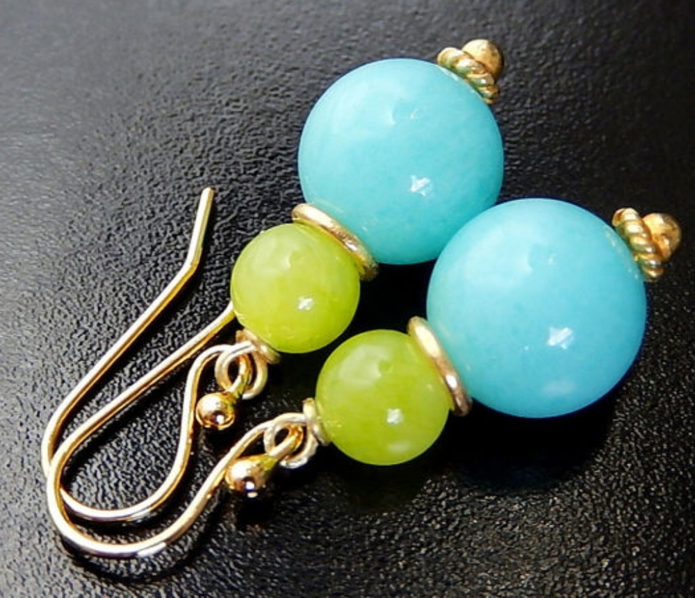 Blue Green Gemstone Earrings in Gold